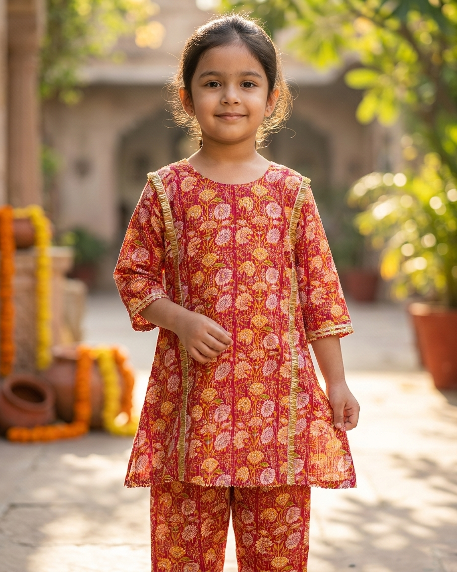 Red Floral Cotton Choga Salwar Set with Kantha Details