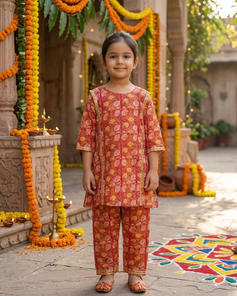Red Floral Cotton Choga Salwar Set with Kantha Details