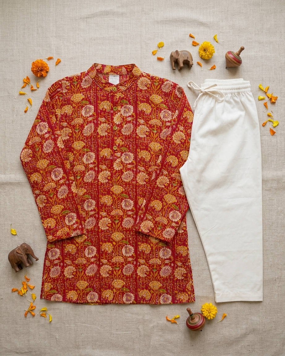Red Floral Kantha Cotton Kurta Set with White Pyjama