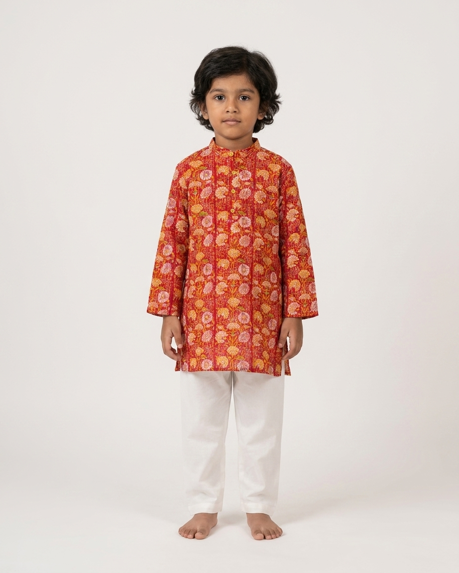 Red Floral Kantha Cotton Kurta Set with White Pyjama