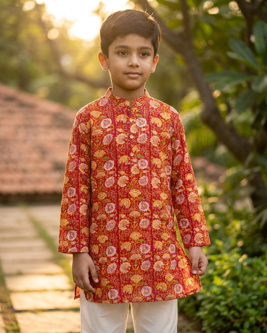 Red Floral Kantha Cotton Kurta Set with White Pyjama