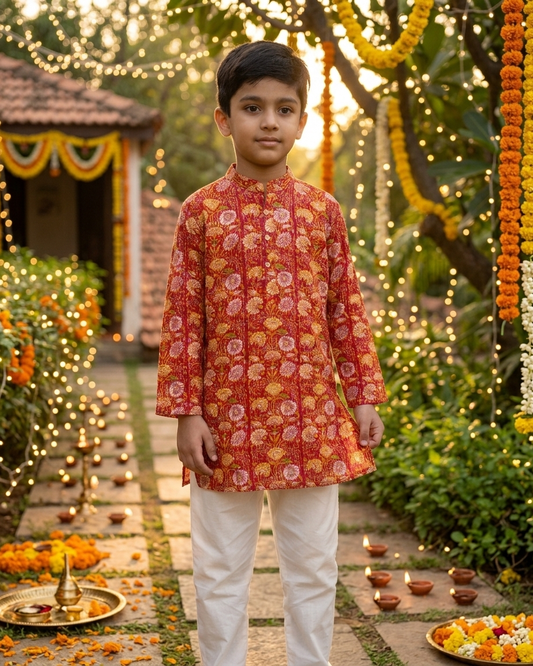 Red Floral Kantha Cotton Kurta Set with White Pyjama