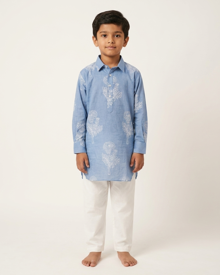Powder Blue Floral Cotton Shirt-Kurta Set with White Pyjama