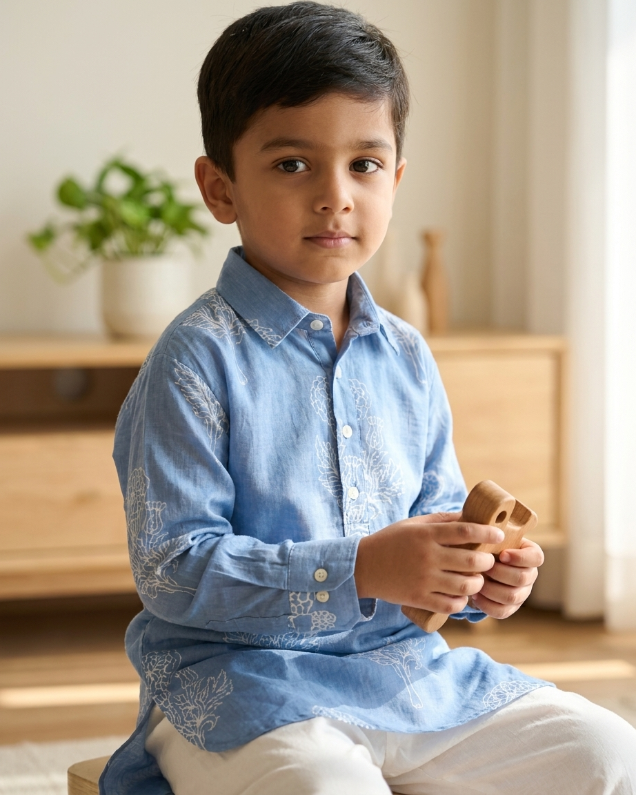 Powder Blue Floral Cotton Shirt-Kurta Set with White Pyjama