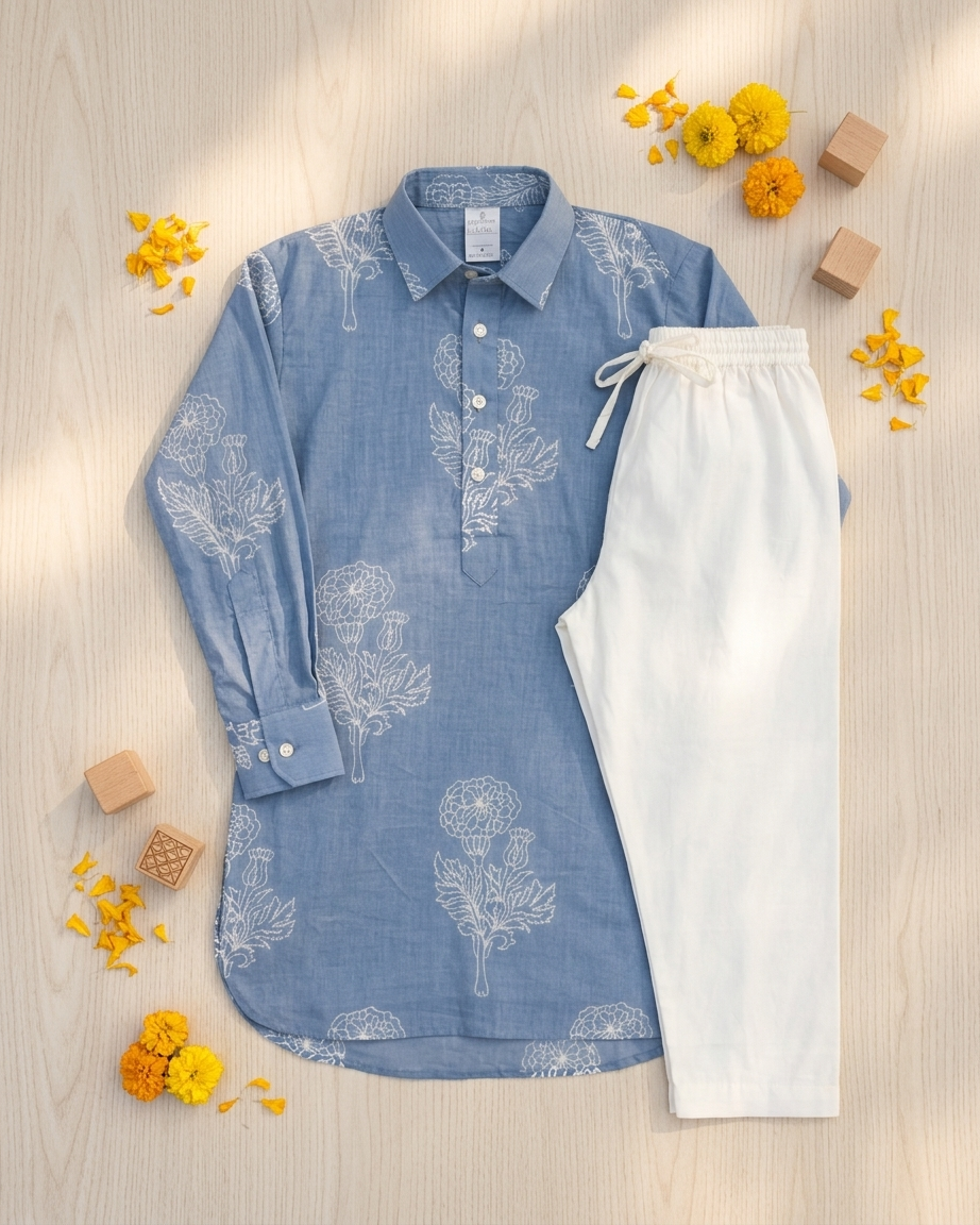 Powder Blue Floral Cotton Shirt-Kurta Set with White Pyjama