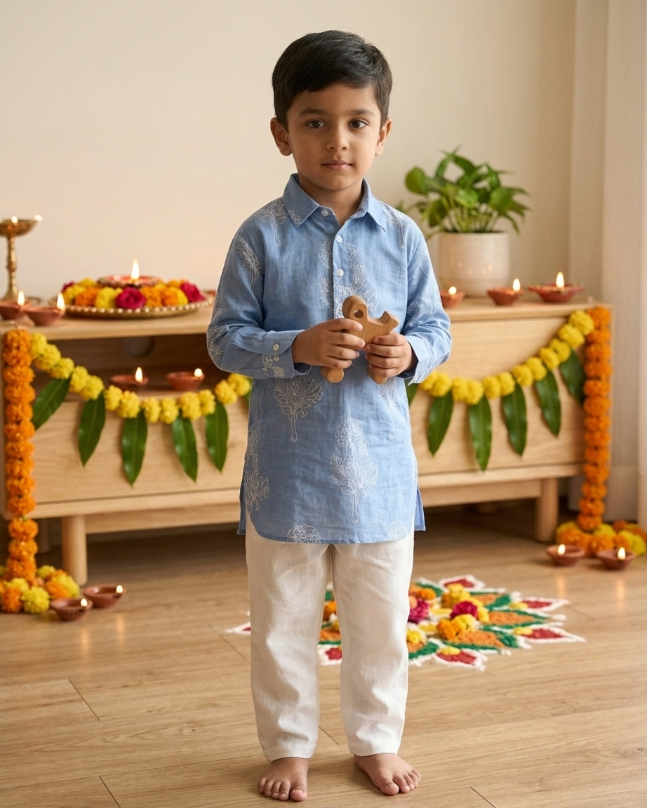 Powder Blue Floral Cotton Shirt-Kurta Set with White Pyjama