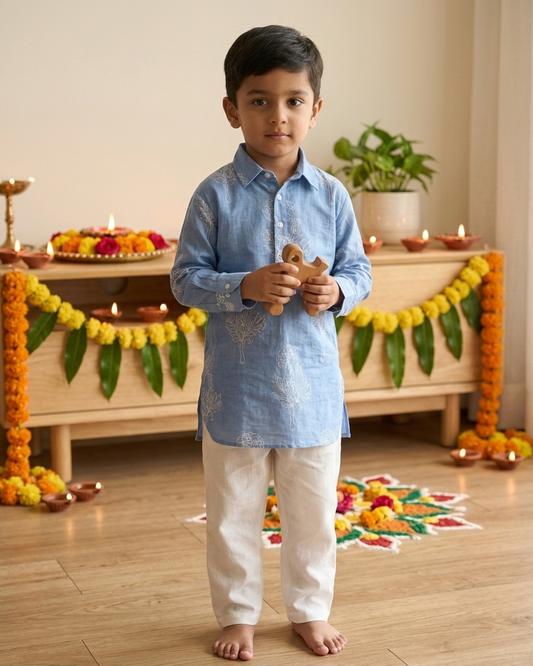 Powder Blue Floral Cotton Shirt-Kurta Set with White Pyjama