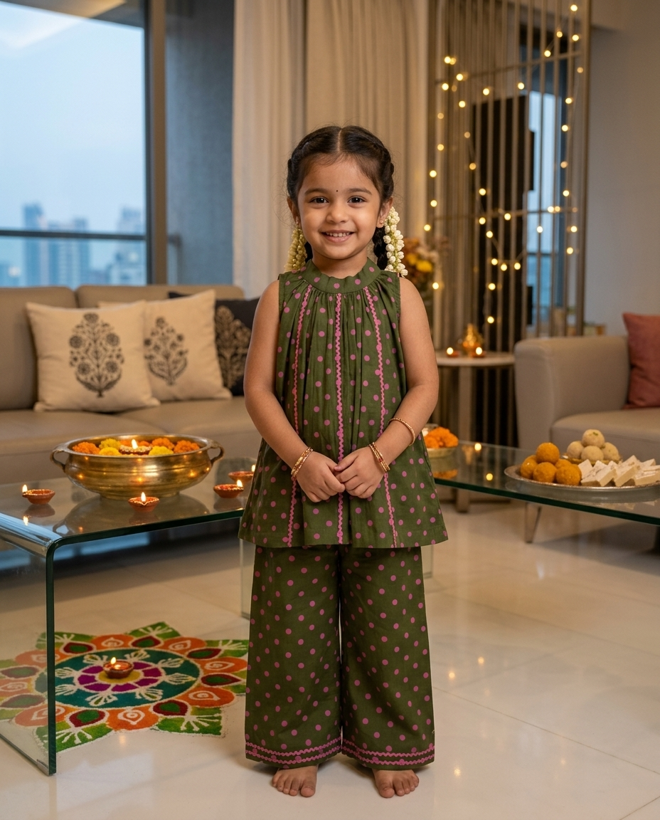 Green Pink Polka Dot Cotton Tunic Palazzo Set