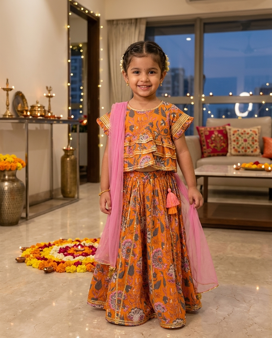 Orange Pink Floral Cotton Lehenga Set with Dupatta