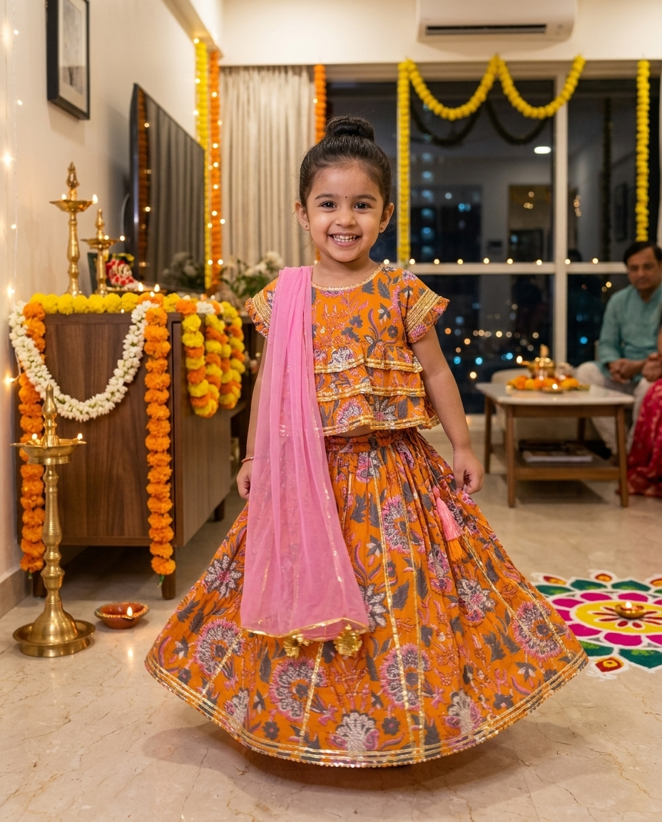 Orange Pink Floral Cotton Lehenga Set with Dupatta