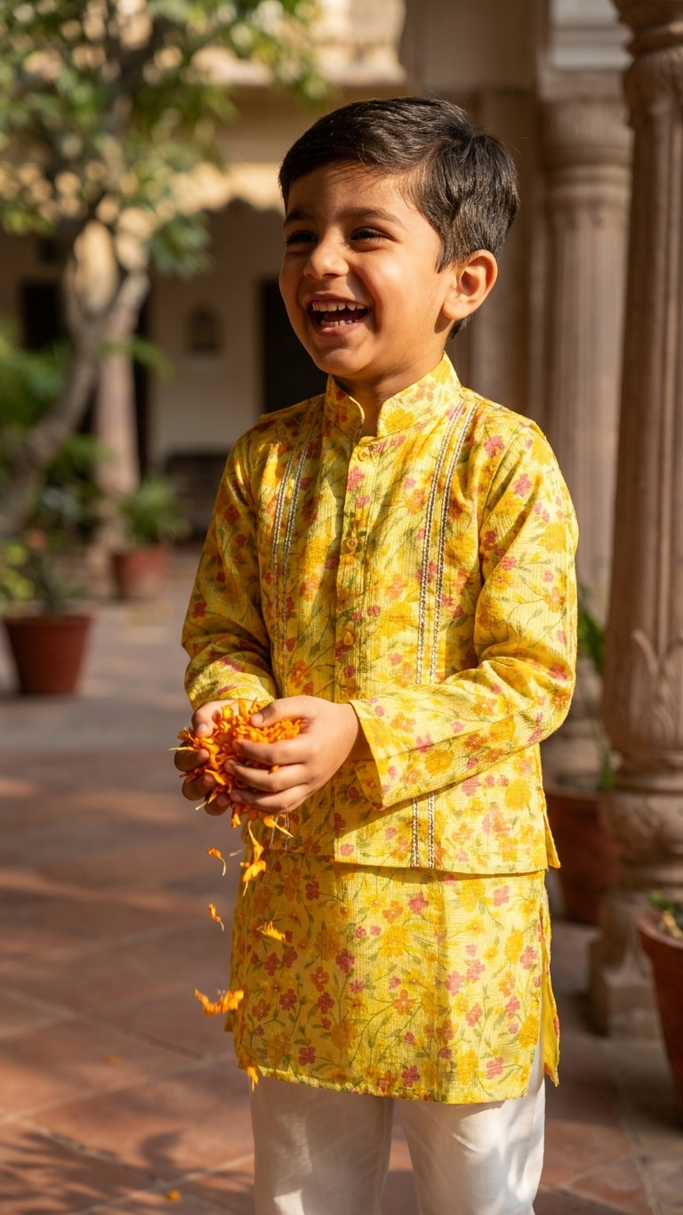Yellow Floral Kota Doria Jacket Kurta Set