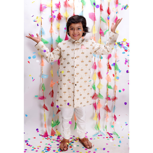 Golden Petal Print Sherwani Kurta Set