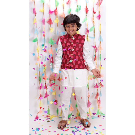 Maroon Jacket and Off White Kurta Set